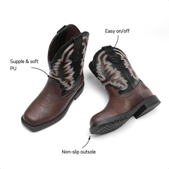 Boys Girls Cowboy Boots Toddler Kids Western Square Toe Mid Calf Black Brown - Picture 4 of 7